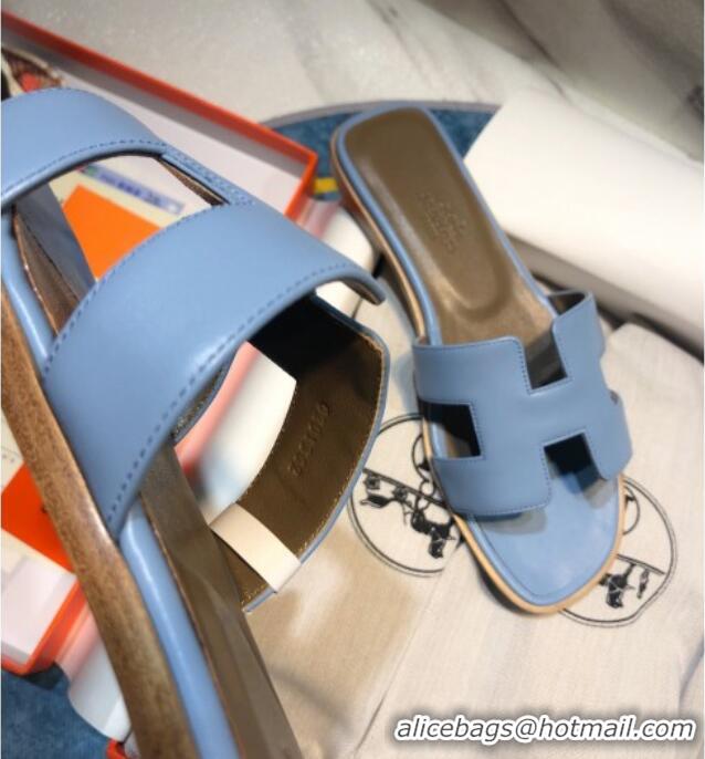 Super Quality Hermes Oran Classic Calfskin Flat Slide Sandal 070975 Blue