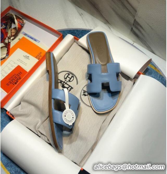 Super Quality Hermes Oran Classic Calfskin Flat Slide Sandal 070975 Blue