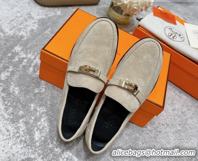 Top Design Hermes Mocasini Suede Loafers 081101 Light Grey