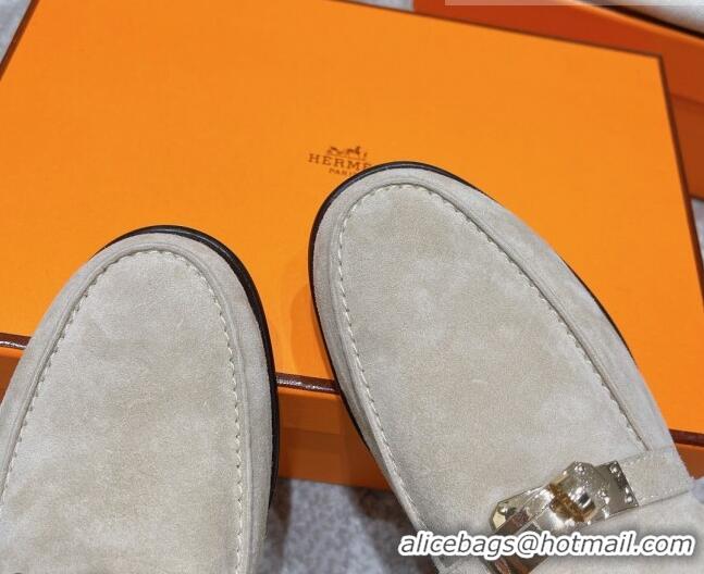 Top Design Hermes Mocasini Suede Loafers 081101 Light Grey