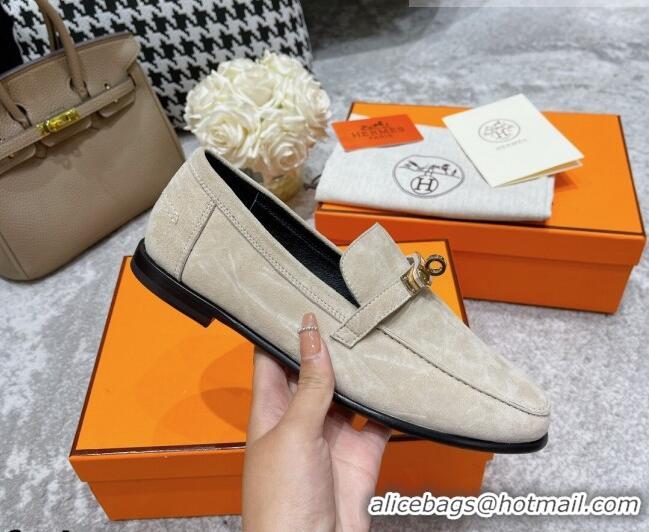 Top Design Hermes Mocasini Suede Loafers 081101 Light Grey