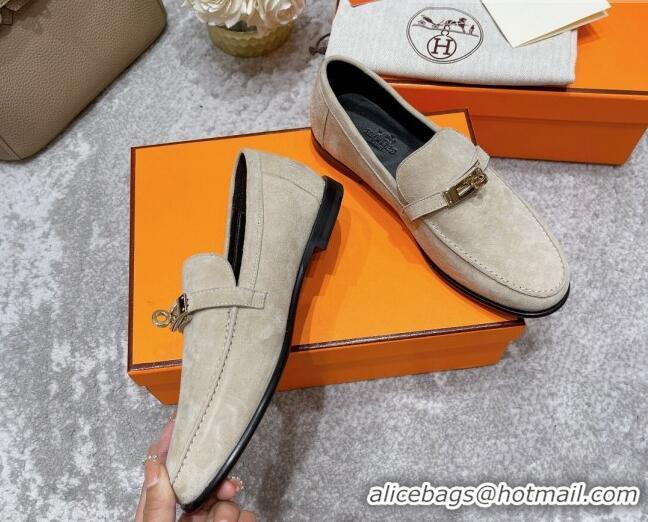 Top Design Hermes Mocasini Suede Loafers 081101 Light Grey