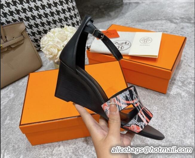 Shop Duplicate Hermes Calfskin Print Wedge Sandals 7cm 081107 Black 2021