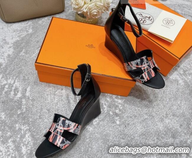 Shop Duplicate Hermes Calfskin Print Wedge Sandals 7cm 081107 Black 2021