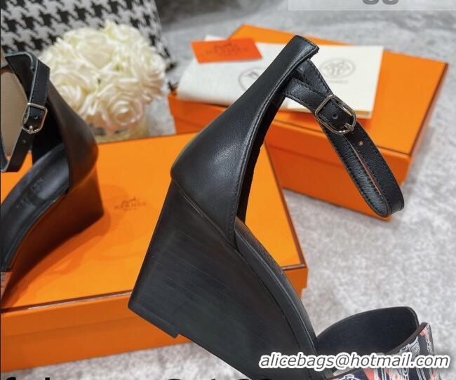 Shop Duplicate Hermes Calfskin Print Wedge Sandals 7cm 081107 Black 2021