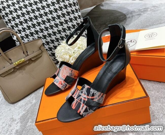 Shop Duplicate Hermes Calfskin Print Wedge Sandals 7cm 081107 Black 2021