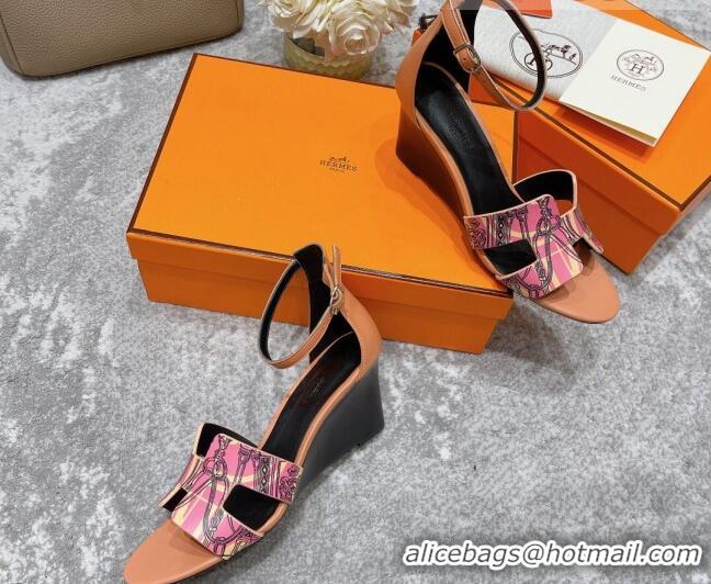 Luxury Hermes Calfskin Print Wedge Sandals 7cm 081107 Pink 2021