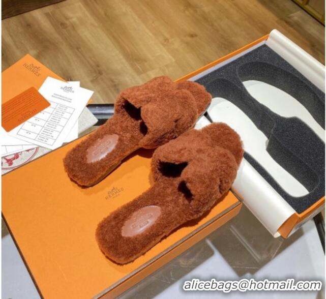 New Style Hermes Oran Shearling Wool Flat Slide Sandals Brown 2021