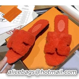 Popular Style Hermes Oran Shearling Wool Flat Slide Sandals 081109 Orange 2021