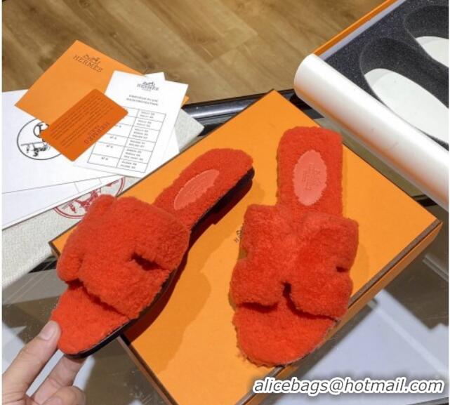 Popular Style Hermes Oran Shearling Wool Flat Slide Sandals 081109 Orange 2021