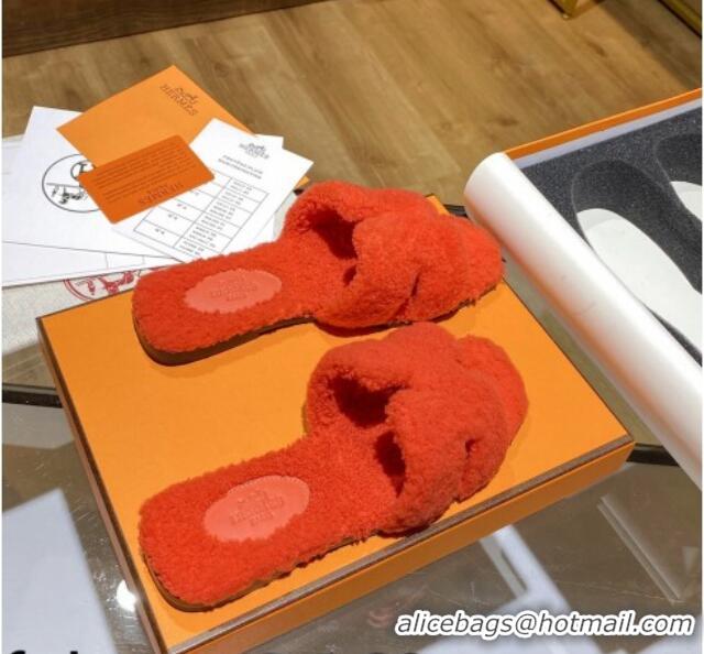 Popular Style Hermes Oran Shearling Wool Flat Slide Sandals 081109 Orange 2021