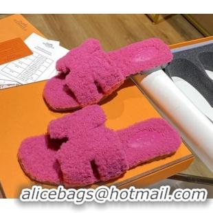 Lower Price Hermes Oran Shearling Wool Flat Slide Sandals 081109 Pink 2021