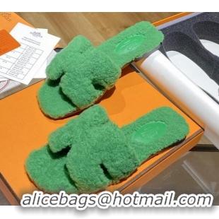 Perfect Hermes Oran Shearling Wool Flat Slide Sandals 081109 Green 2021