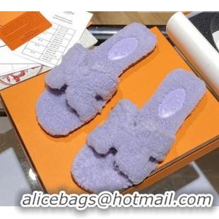 Unique Style Hermes Oran Shearling Wool Flat Slide Sandals 081109 Light Purple 2021