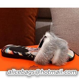 Good Quality Hermes Oran Mink Fur Flat Slide Sandals 081421 Grey/White 2021