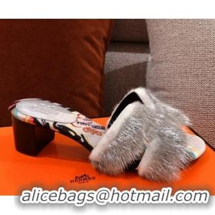 Best Product Hermes Oran Mink Fur Heeled Slide Sandals 4.5cm 081422 Grey/White 2021