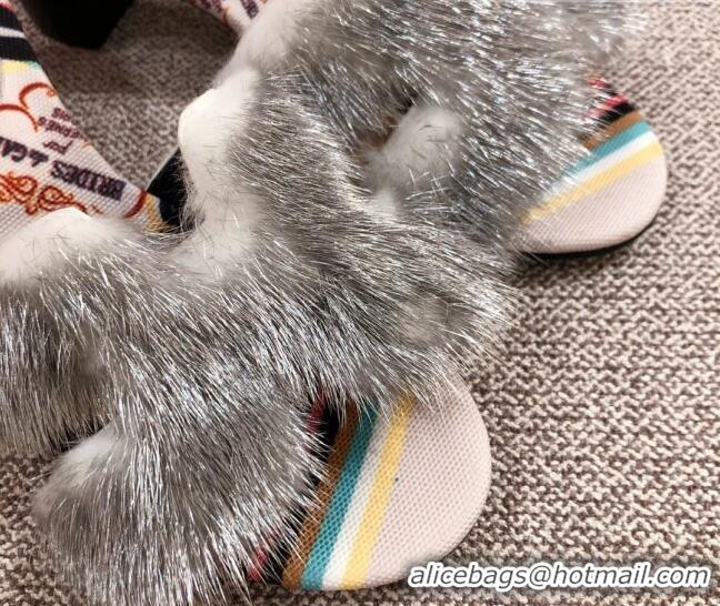 Best Product Hermes Oran Mink Fur Heeled Slide Sandals 4.5cm 081422 Grey/White 2021