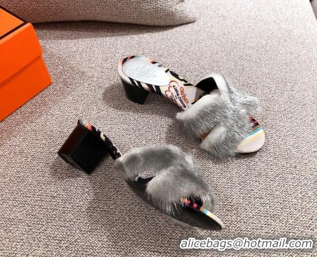 Best Product Hermes Oran Mink Fur Heeled Slide Sandals 4.5cm 081422 Grey/White 2021