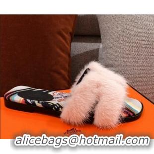 Best Grade Hermes Oran Mink Fur Flat Slide Sandals 081423 Pale Pink