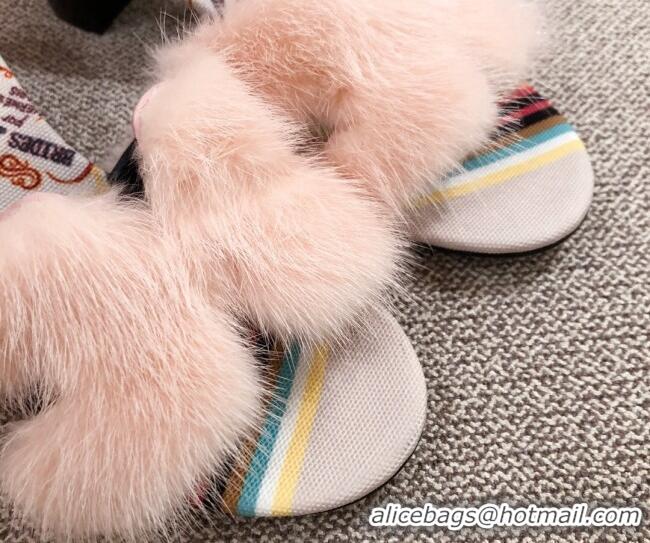 Best Grade Hermes Oran Mink Fur Flat Slide Sandals 081423 Pale Pink