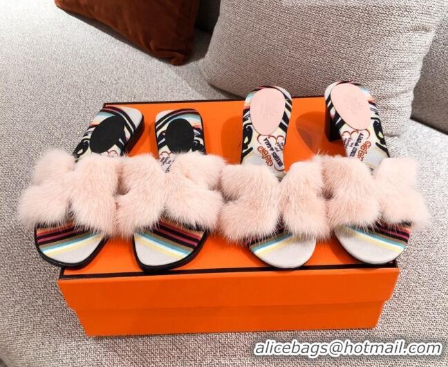 Best Grade Hermes Oran Mink Fur Flat Slide Sandals 081423 Pale Pink