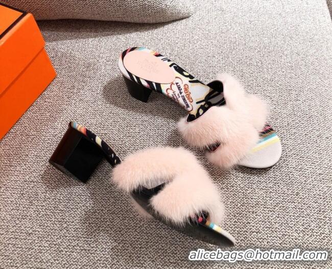 Grade Quality Hermes Oran Mink Fur Heeled Slide Sandals 4.5 cm 081424 Pale Pink