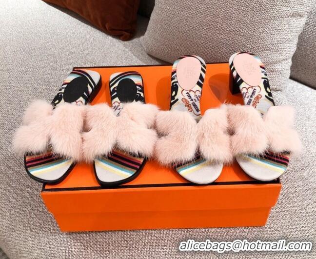 Grade Quality Hermes Oran Mink Fur Heeled Slide Sandals 4.5 cm 081424 Pale Pink