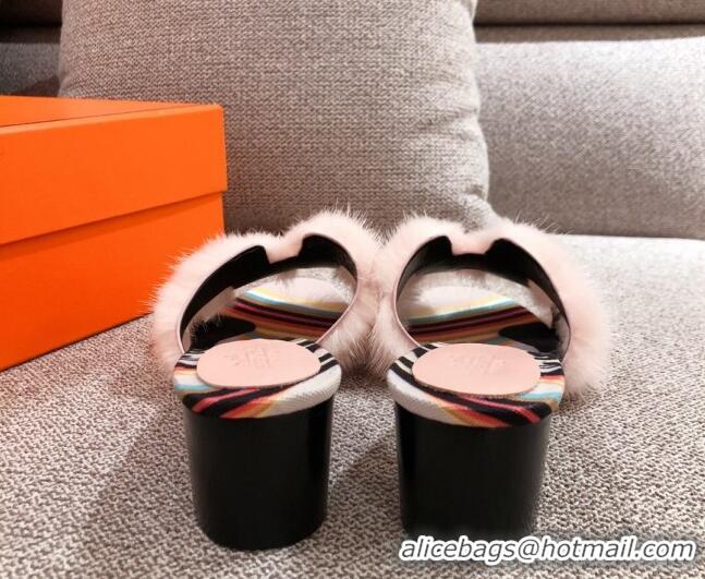 Grade Quality Hermes Oran Mink Fur Heeled Slide Sandals 4.5 cm 081424 Pale Pink