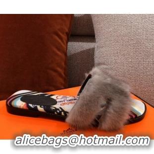 Fashion Luxury Hermes Oran Mink Fur Flat Slide Sandals 081425 Dark Grey