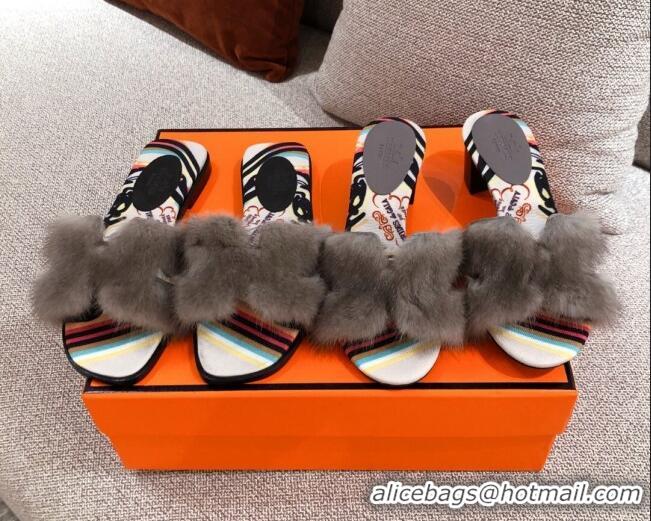 Fashion Luxury Hermes Oran Mink Fur Flat Slide Sandals 081425 Dark Grey