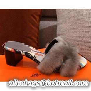 Best Price Hermes Oran Mink Fur Heeled Slide Sandals 4.5cm 081425 Dark Grey