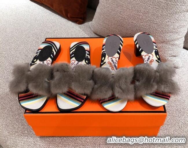 Best Price Hermes Oran Mink Fur Heeled Slide Sandals 4.5cm 081425 Dark Grey