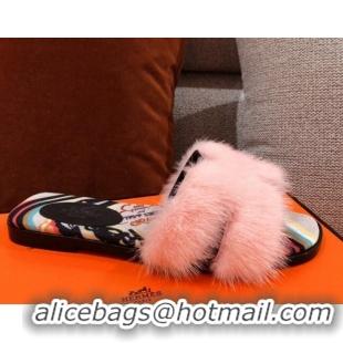 Purchase Hermes Oran Mink Fur Flat Slide Sandals 081427 Light Pink