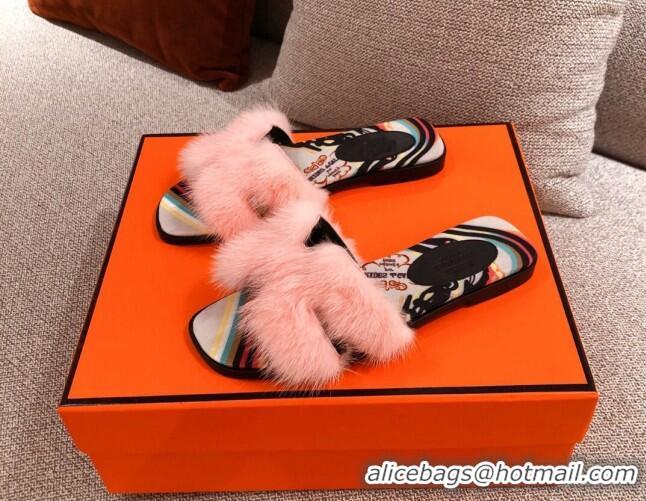 Purchase Hermes Oran Mink Fur Flat Slide Sandals 081427 Light Pink