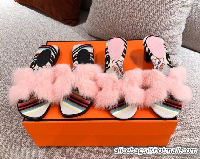 Purchase Hermes Oran Mink Fur Flat Slide Sandals 081427 Light Pink