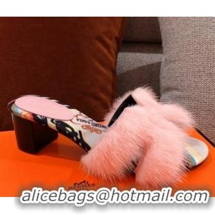 Classic Hot Hermes Oran Mink Fur Heeled Slide Sandals 4.5 cm 081428 Light Pink