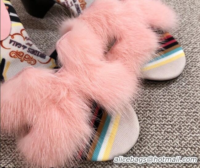 Classic Hot Hermes Oran Mink Fur Heeled Slide Sandals 4.5 cm 081428 Light Pink