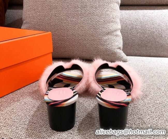 Classic Hot Hermes Oran Mink Fur Heeled Slide Sandals 4.5 cm 081428 Light Pink