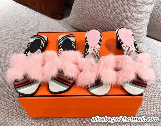 Classic Hot Hermes Oran Mink Fur Heeled Slide Sandals 4.5 cm 081428 Light Pink