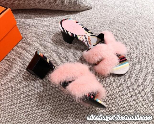 Classic Hot Hermes Oran Mink Fur Heeled Slide Sandals 4.5 cm 081428 Light Pink