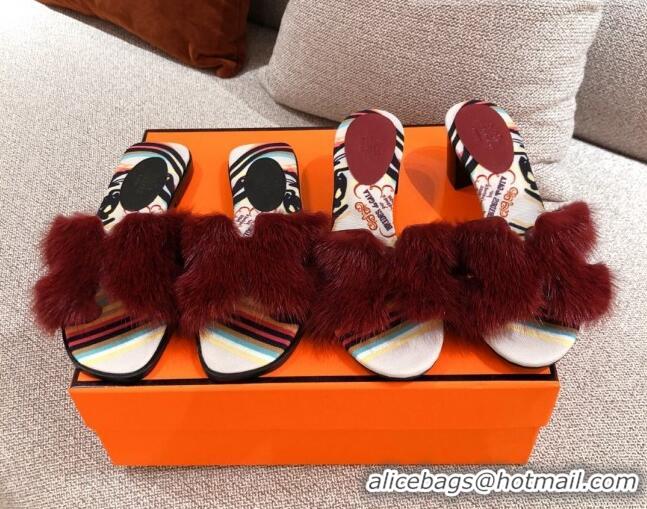 Luxury Hermes Oran Mink Fur Flat Slide Sandals 081429 Burgundy