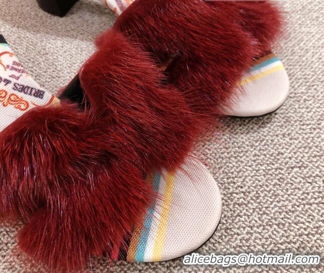 Luxury Hermes Oran Mink Fur Flat Slide Sandals 081429 Burgundy