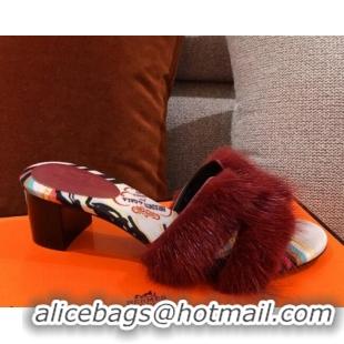 Stylish Hermes Oran Mink Fur Heeled Slide Sandals 4.5 cm 081430 Burgundy