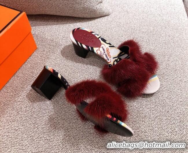 Stylish Hermes Oran Mink Fur Heeled Slide Sandals 4.5 cm 081430 Burgundy