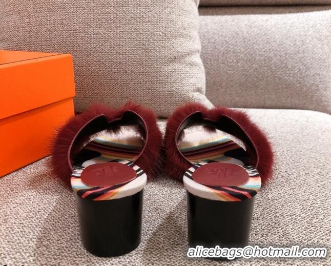 Stylish Hermes Oran Mink Fur Heeled Slide Sandals 4.5 cm 081430 Burgundy