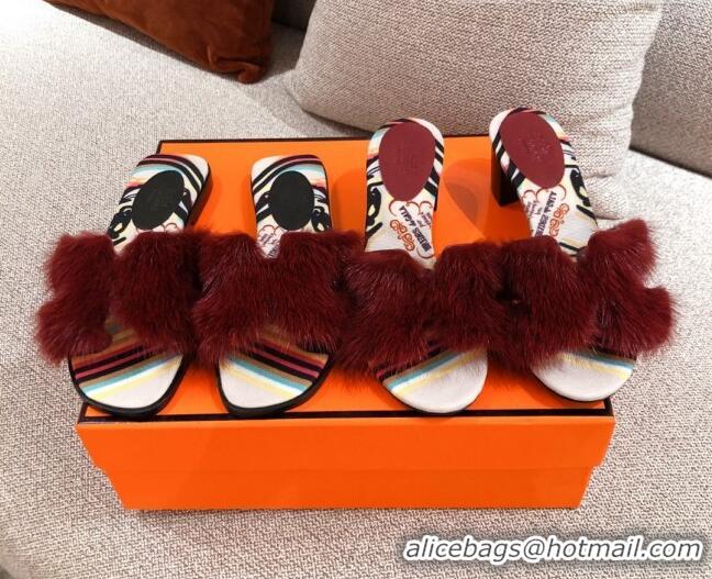 Stylish Hermes Oran Mink Fur Heeled Slide Sandals 4.5 cm 081430 Burgundy