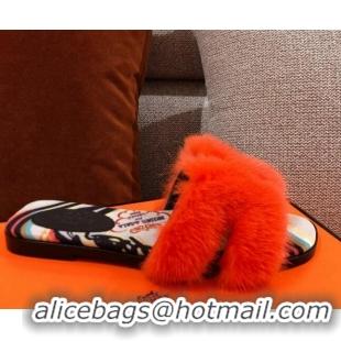 Sophisticated Hermes Oran Mink Fur Flat Slide Sandals 081431 Orange