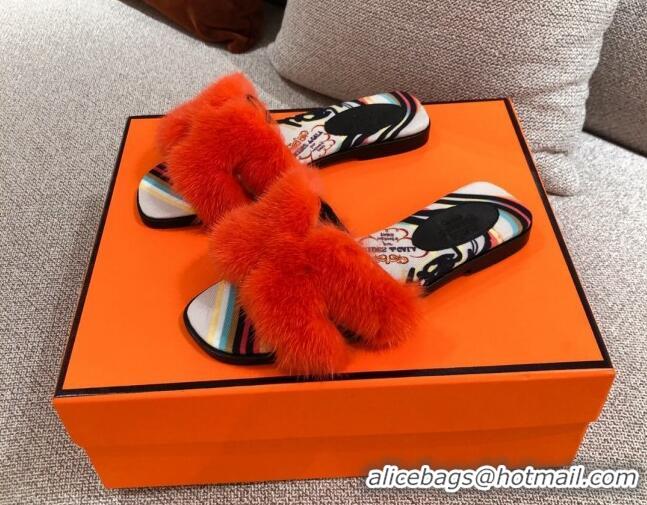 Sophisticated Hermes Oran Mink Fur Flat Slide Sandals 081431 Orange