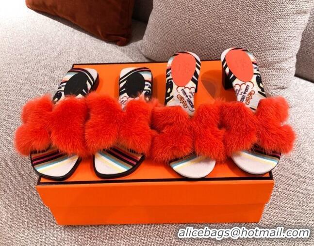 Sophisticated Hermes Oran Mink Fur Flat Slide Sandals 081431 Orange