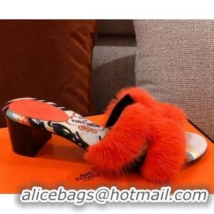 Sumptuous Hermes Oran Mink Fur Heeled Slide Sandals 4.5 cm 081432 Orange